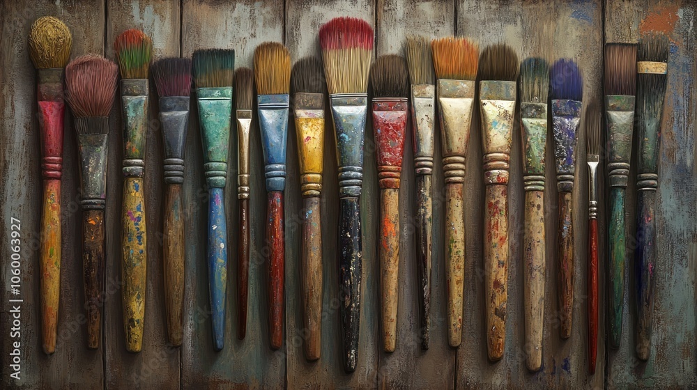 A collection of well-worn paintbrushes of various sizes and colors arranged in a row on a rustic wooden background. A collection of well-worn paintbrushes of various sizes and colors arranged in a row on a rustic wooden background.