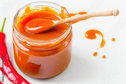 Spicy homemade hot sauce jar with wooden spoon and red chili peppers on white background photo