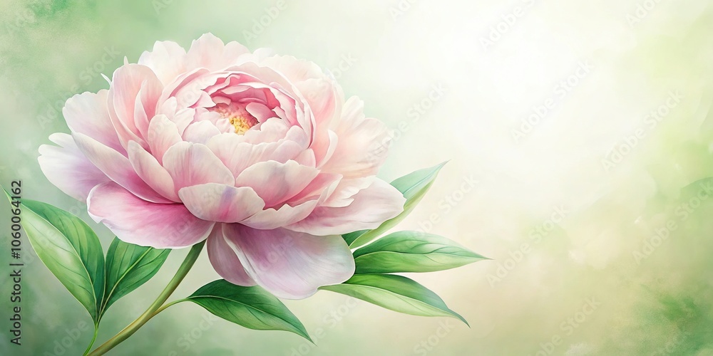Fototapeta premium A delicate watercolor drawing of a single peony blossom in shades of soft pink and white petals against a crisp green leaf background, flower arrangements, watercolor art