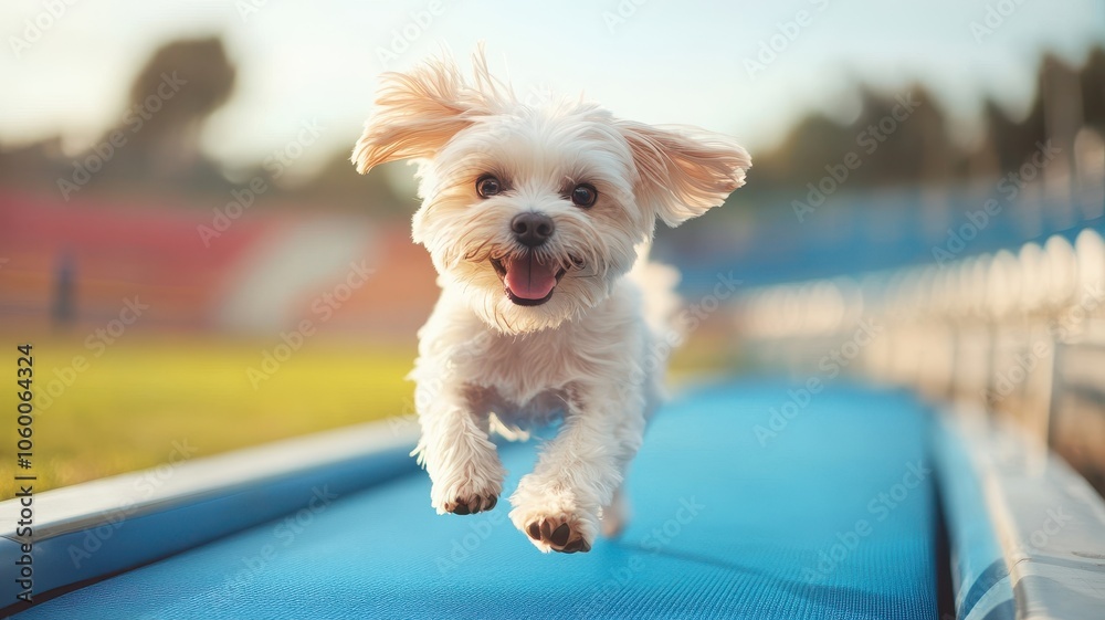 Portrait of Cheerful White Maltese dog running on treadmill or Athlete Track, playful and happy moment,Pet friendly concept. Portrait of Cheerful White Maltese dog running on treadmill or Athlete Track, playful and happy moment,Pet friendly concept.