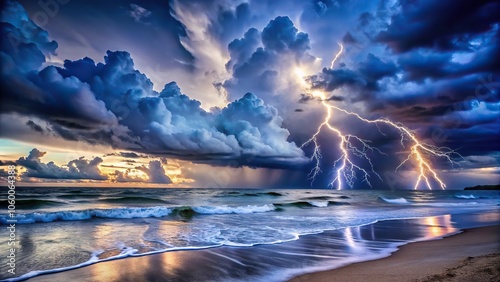 A dramatic stormy beach scene at night with lightning illuminating the sky and waves crashing against the shore, sea, wind