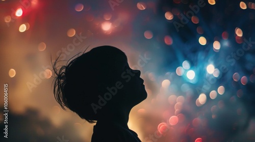 Silhouette of Child Looking at Fireworks Display with Bokeh Lights