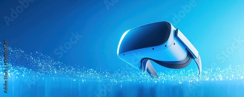 VR headset displayed within an immersive blue setting, highlighting vivid colors.