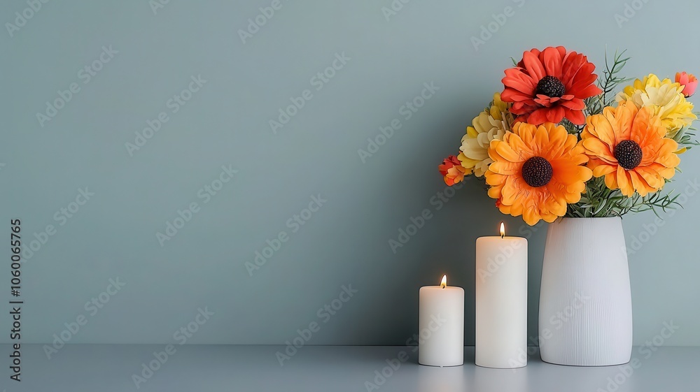 A serene arrangement of colorful flowers in a vase complemented by lit candles, set against a soft green background. A serene arrangement of colorful flowers in a vase complemented by lit candles, set against a soft green background.
