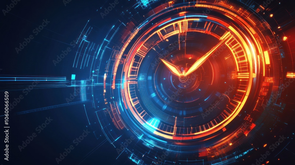 Obraz premium A futuristic clock design with vibrant colors and digital elements.