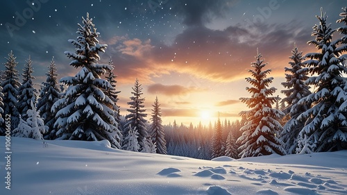 Snowfall in winter forest. Beautiful landscape with snow covered fir trees and snowdrifts.