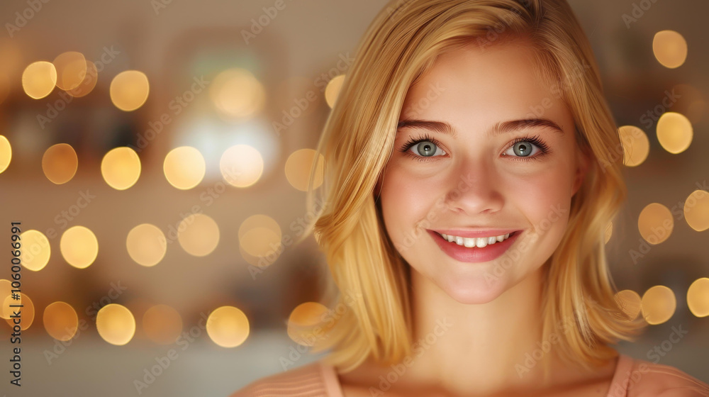 Fototapeta premium A radiant young woman captures her beauty with a vibrant selfie at home, surrounded by cozy decor.