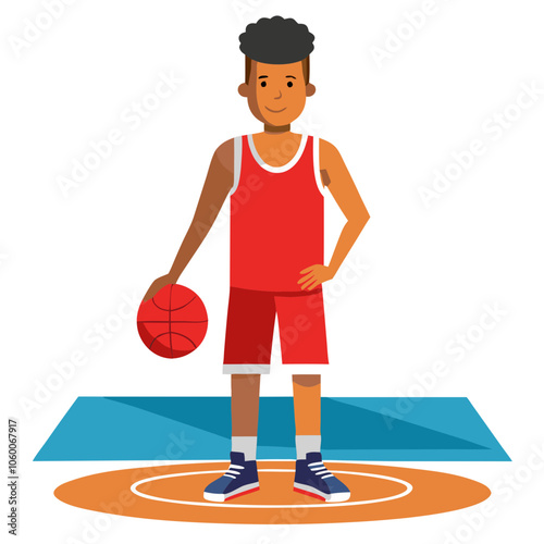 Basketball Player Ready to Play:  A confident young basketball player stands on the court, ready for action.  His vibrant red uniform and relaxed pose communicate both skill and readiness.