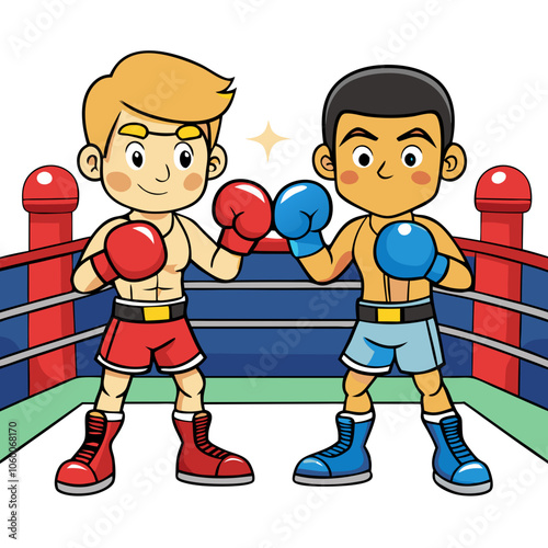 Ready to Rumble: Two cartoon boxers, one blonde and one with brown skin, stand facing each other in a boxing ring, ready to fight.  This illustration is perfect for showing competition, rivalry.