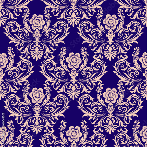 Seamless vintage damask pattern with intricate floral and ornamental designs. This classic, elegant design is perfect for wallpapers, textiles, wrapping paper, and interior decor. 