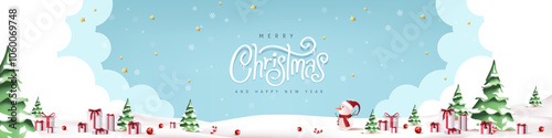 Merry christmas and happy new year greeting card with Cute snowman standing in winter christmas landscape snow falling