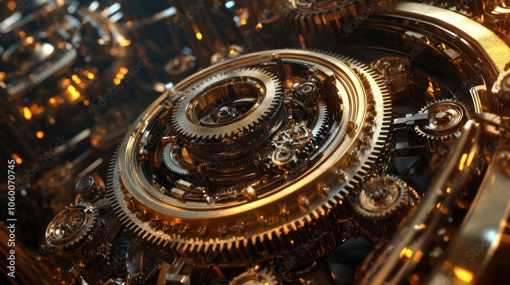 Fototapeta premium Intricate golden gears and mechanisms showcasing industrial design and complexity.