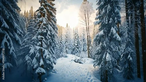 雪の積もった森をドローンで行く