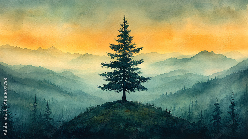 Obraz premium Serene watercolor of a lone evergreen tree on a hilltop at sunrise, ideal for tranquil designs, nature-themed events, and inspirational quotes.
