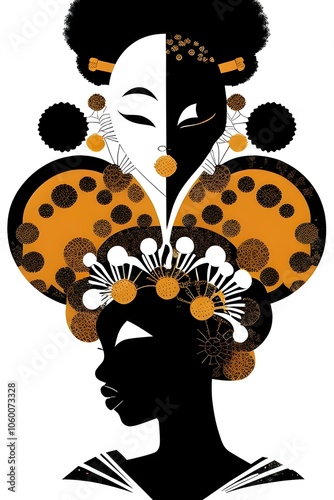 digital illustration, art, double exposure image of a beautiful 1970s black, african american, disco, woman with a large afro, model, portrait, retro, vintage, abstract, fashion, psychedelic photo