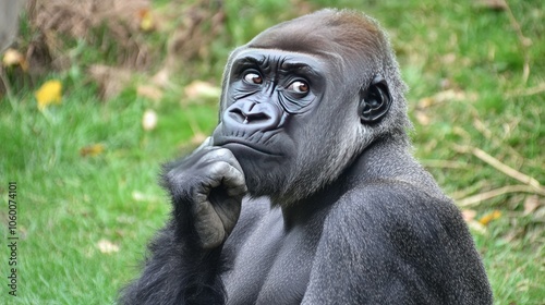 Portrait of gorilla looking pensive, with subtle facial features and natural dark fur details in focus. photo