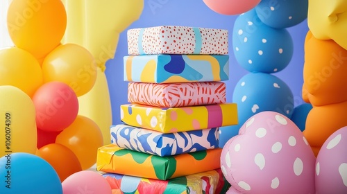 Colorful Birthday Gifts and Balloons: A Festive Celebration photo