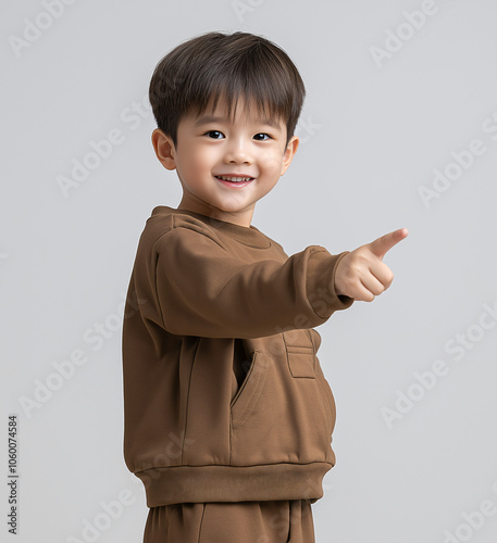 An Asian Kid is wearing brown outfit and pointing to somewhere on white isolated background