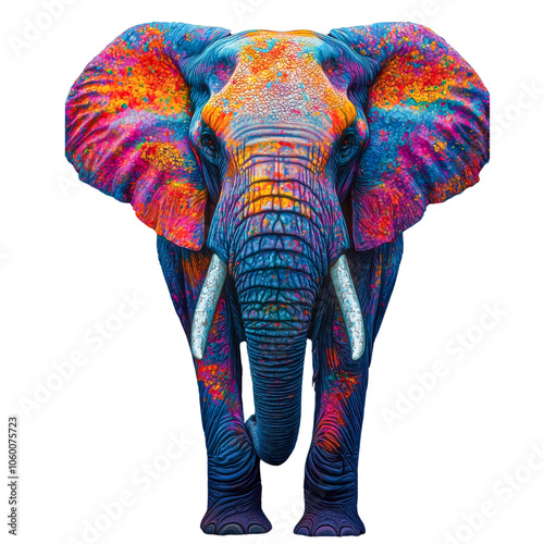 Vibrant, artistic portrait of an elephant with multicolored patterns on its skin, showcasing a bold and imaginative wildlife illustration  photo