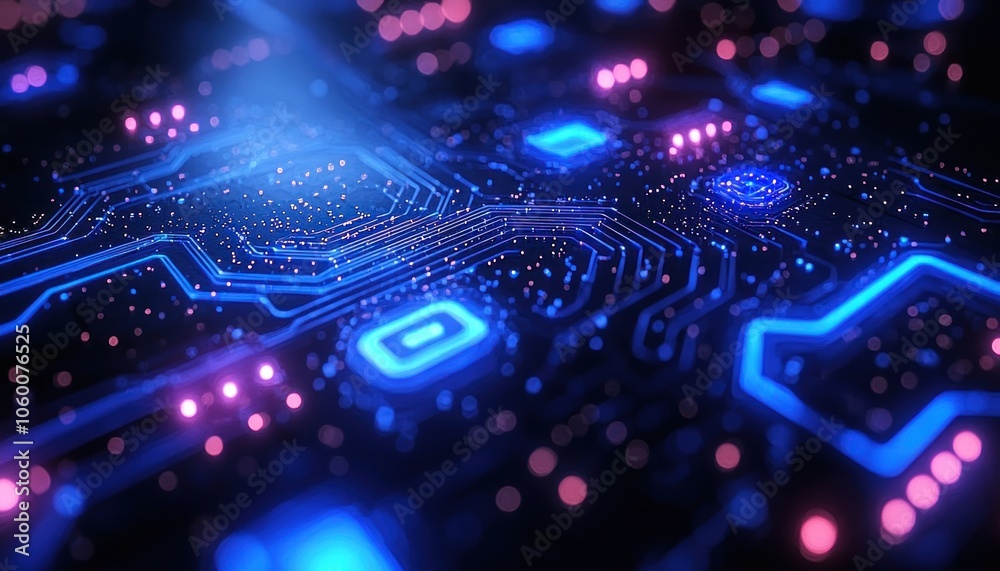Obraz premium Abstract Circuit Board with Glowing Blue Lines and Pink Lights
