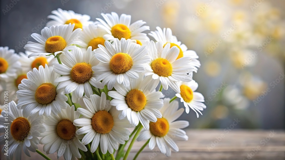 Fototapeta premium A simple yet elegant bunch of fresh daisies with yellow centers and white petals, daisy arrangement, white and yellow flowers, simple decor, casual elegance, daisy bouquet