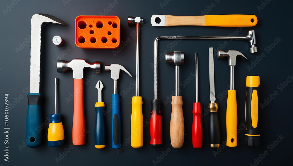 Various tools are placed on a dark background. Various tools are placed on a dark background.