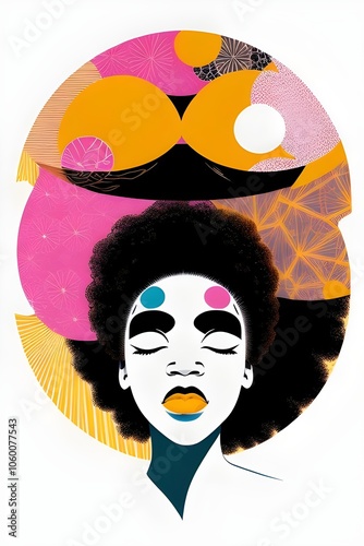 digital illustration, art, double exposure image of a beautiful 1970s black, african american, disco, woman with a large afro, model, portrait, retro, vintage, abstract, fashion, psychedelic photo