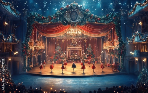 Nutcracker Ballet Scene: A magical ballet stage with Nutcracker dancers in costume, with elaborate holiday-themed backdrops and props.