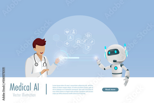 Doctor touch medical data network connecting interact with AI artificial intelligence robot. Artificial intelligence innovation technology for diagnosis patient treatment. Research and development.