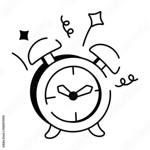Doodle icon of an alarm clock ringing with confetti around it

