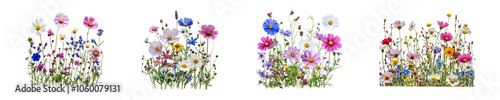 Set of meadow of wildflowers including cosmos and wild daisies, showcasing nature’s untamed beauty isolated on transparent background
