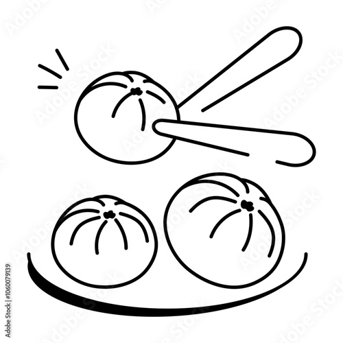 Doodle icon of three dumplings with chopsticks


