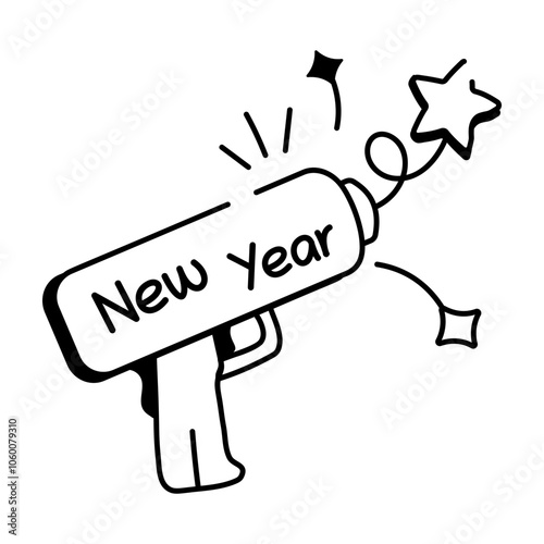 Doodle icon of a confetti gun shooting out confetti with "new year" written on it
