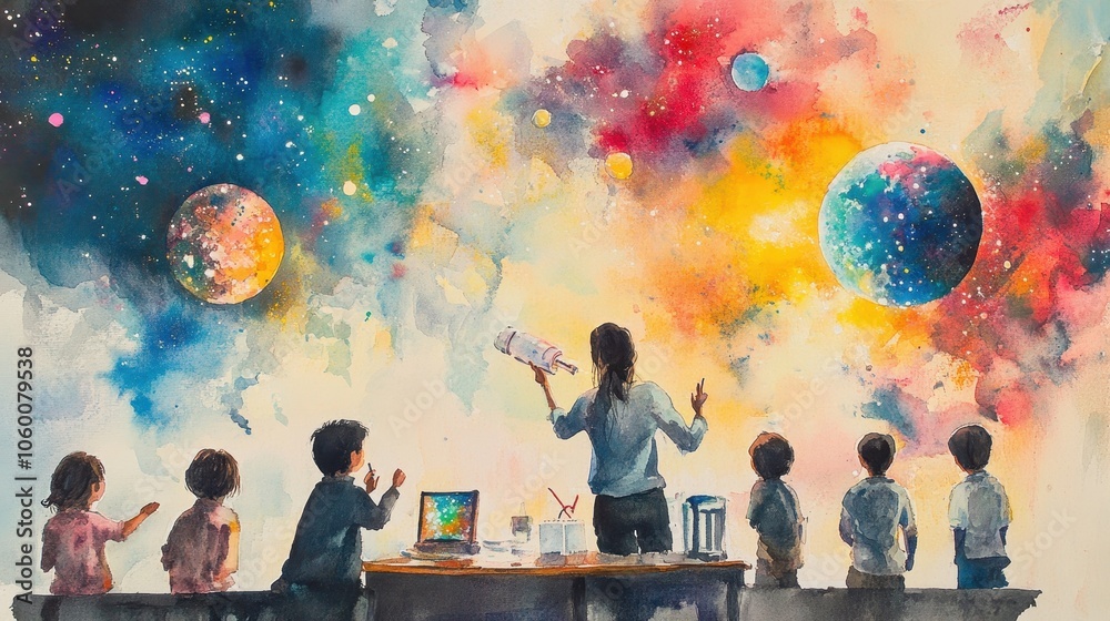 Obraz premium Dreamy Watercolor of Teacher Educating Students