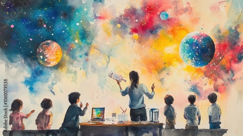 Dreamy Watercolor of Teacher Educating Students