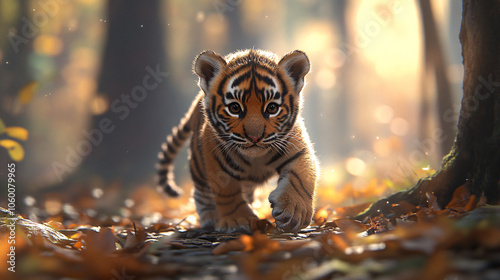 A cutest baby tiger you have ever seen, running in the grassland and beautiful forest. photo