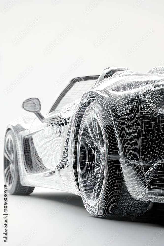 Naklejka premium AI technology creates a wireframe model of a sports car focusing on modern design.