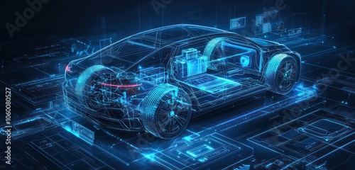 Technical drawing focusing on new energy vehicle battery and system icons in blue tones. photo