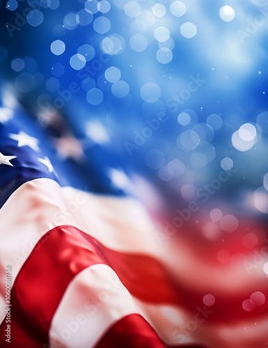 American flag with patriotic bokeh in red and blue, abstract background evoking USA celebration spirit.