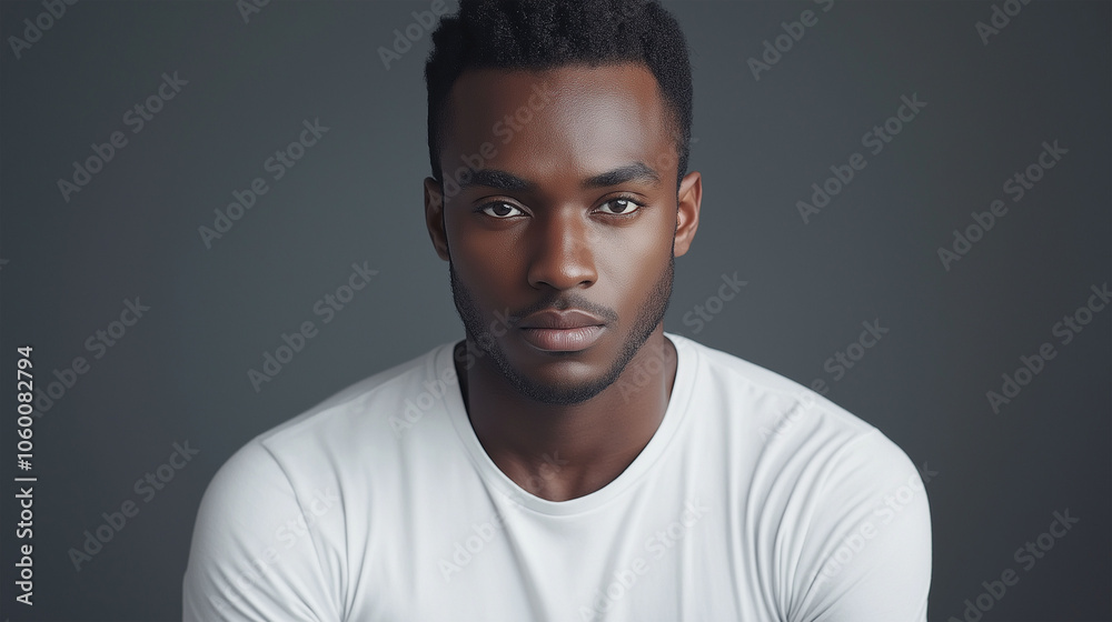 Obraz premium an African American man with a confident expression, set against a plain white background, focusing on facial features and natural beauty.