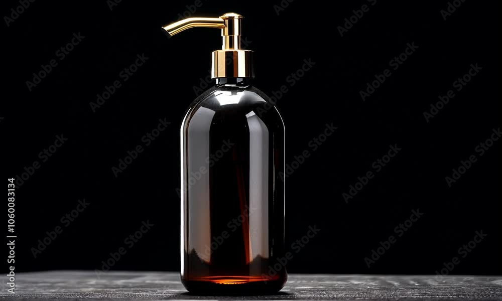 Black glass bottle with gold pump dispenser on a dark surface. Black glass bottle with gold pump dispenser on a dark surface.