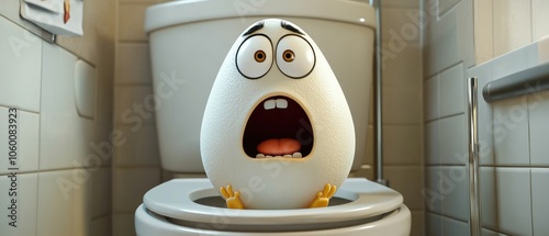 A scared cartoon egg sits on a toilet seat with its mouth open in shock. photo