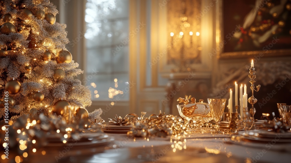 Elegant holiday scene with sparkling lights and classic Christmas decorations