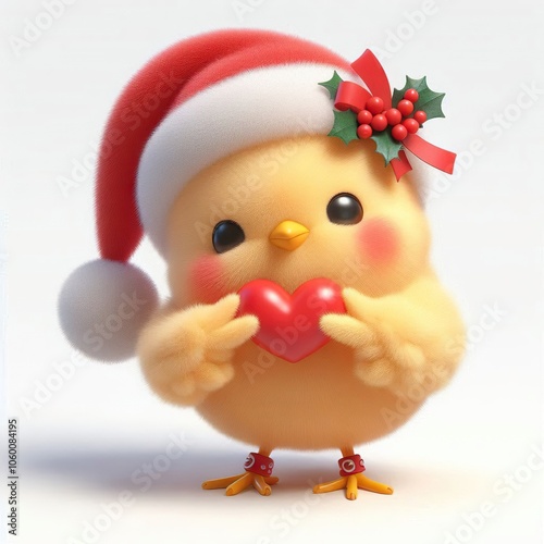 3d Cute fluffy christmas Chicken doing mini heart pose, full body, white background