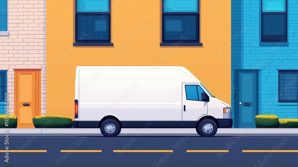 Fototapeta premium Delivery van parked in a residential neighborhood, symbolizing efficient vehicle usage in delivery services, delivery service, vehicle