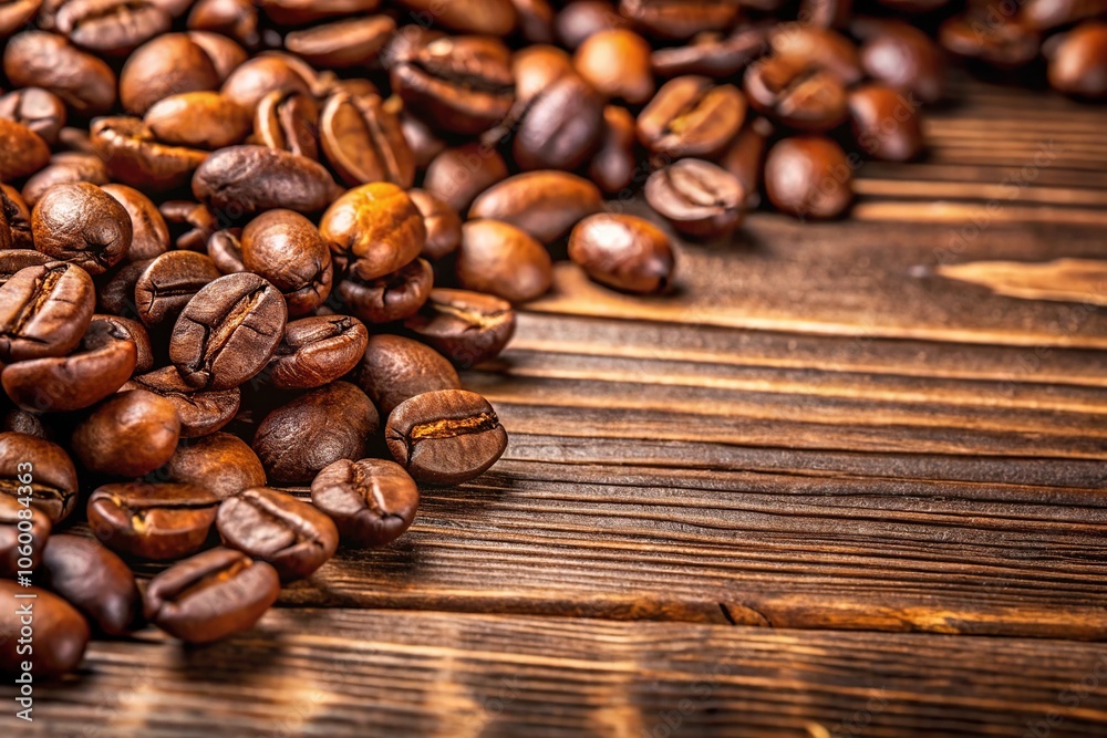 Close-up of brown wooden coffee beans on a rustic kitchen counter, coffee beans, morning routine Close-up of brown wooden coffee beans on a rustic kitchen counter, coffee beans, morning routine