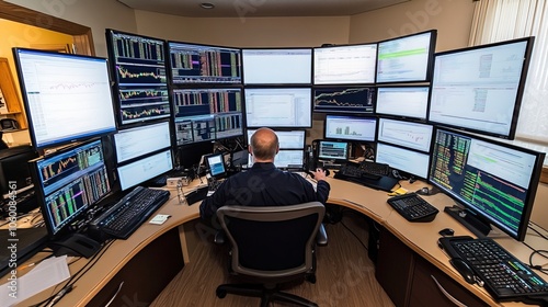 Traders in a bustling financial hub, eyes glued to screens, conveying the tense atmosphere of market volatility and the high stakes of trading.