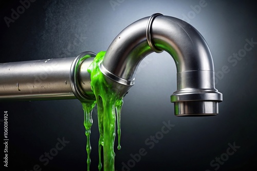 Slime drips from a metallic silver pipe in a darkened room, darkroom, metallic, science, slime photo