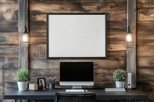 Horizontal black frame. frame mock up of a blank rectangle black frame, landscape style desk, wood wall	