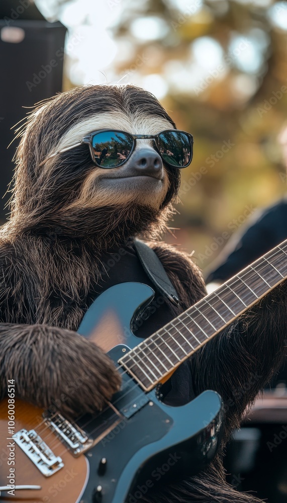 Obraz premium A sloth playing guitar in a band a unique snapshot of musical creativity and fun